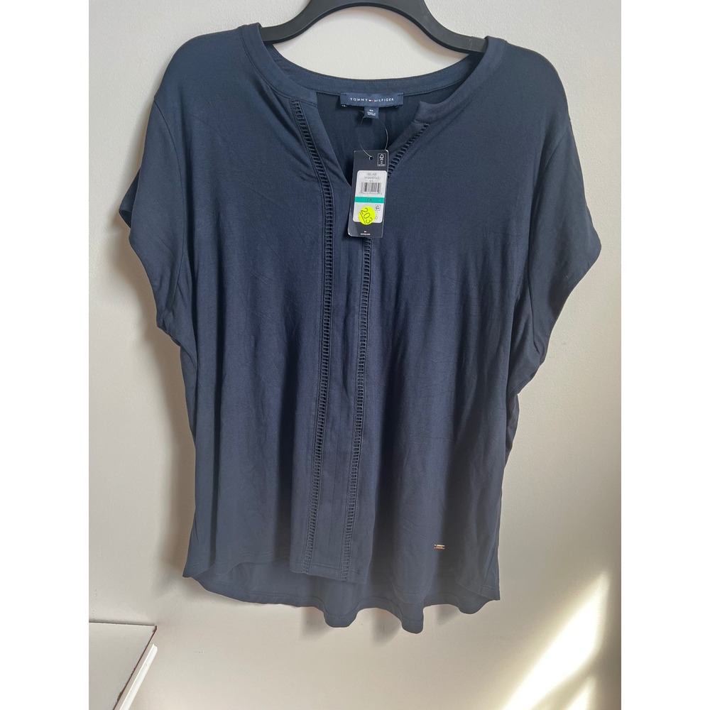 Tommy Hilfiger Womens Top 0X Navy Blue Short Sleeve V‎ Neck NWT